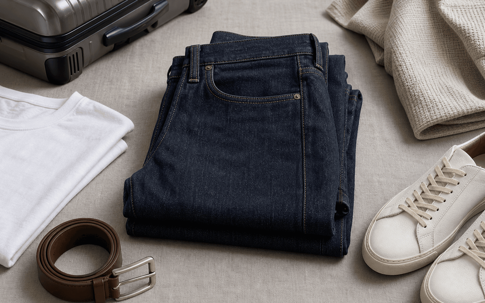 Dark straight jeans folded with a white tee, leather belt, and clean sneakers.