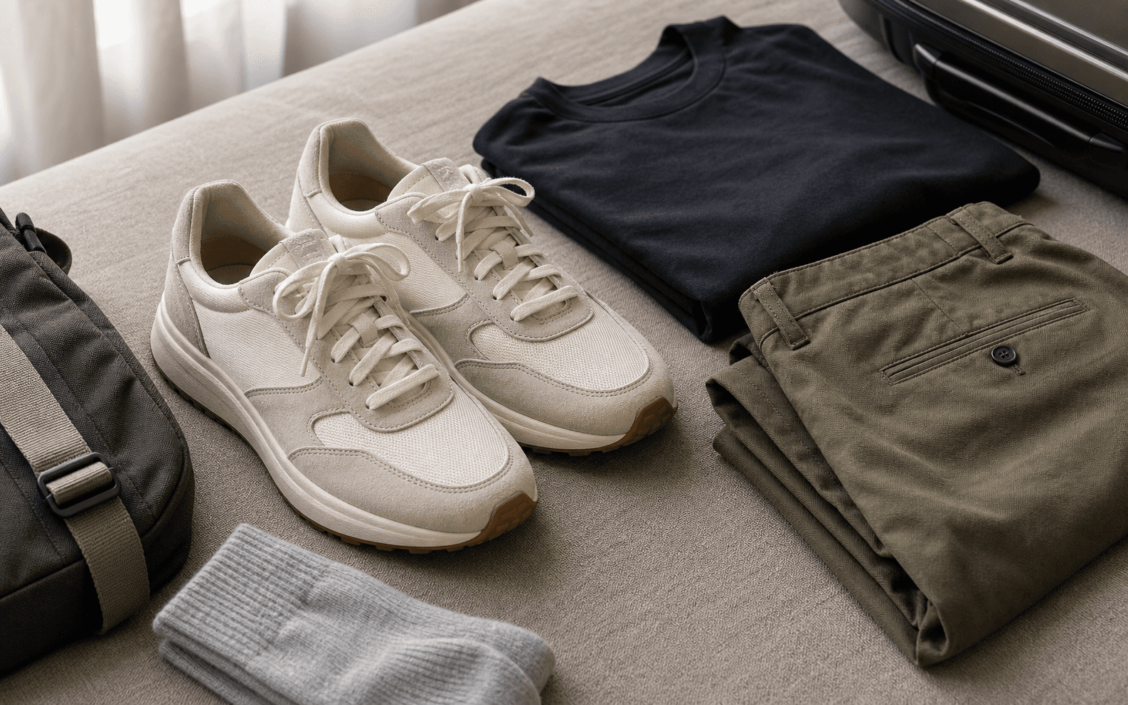 Off-white retro runners arranged with relaxed trousers, dark tee, and travel socks.