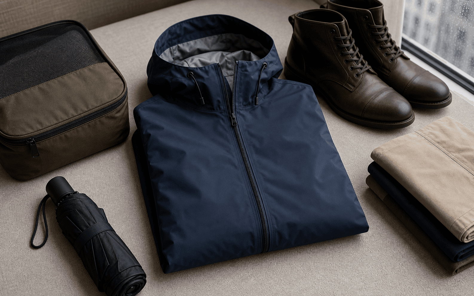 Packable navy rain shell arranged with boots, umbrella, and travel packing cube.