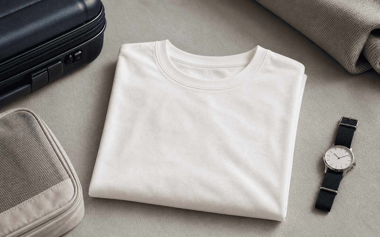 Folded white or cream T-shirt with compact travel accessories on a neutral hotel-room surface.