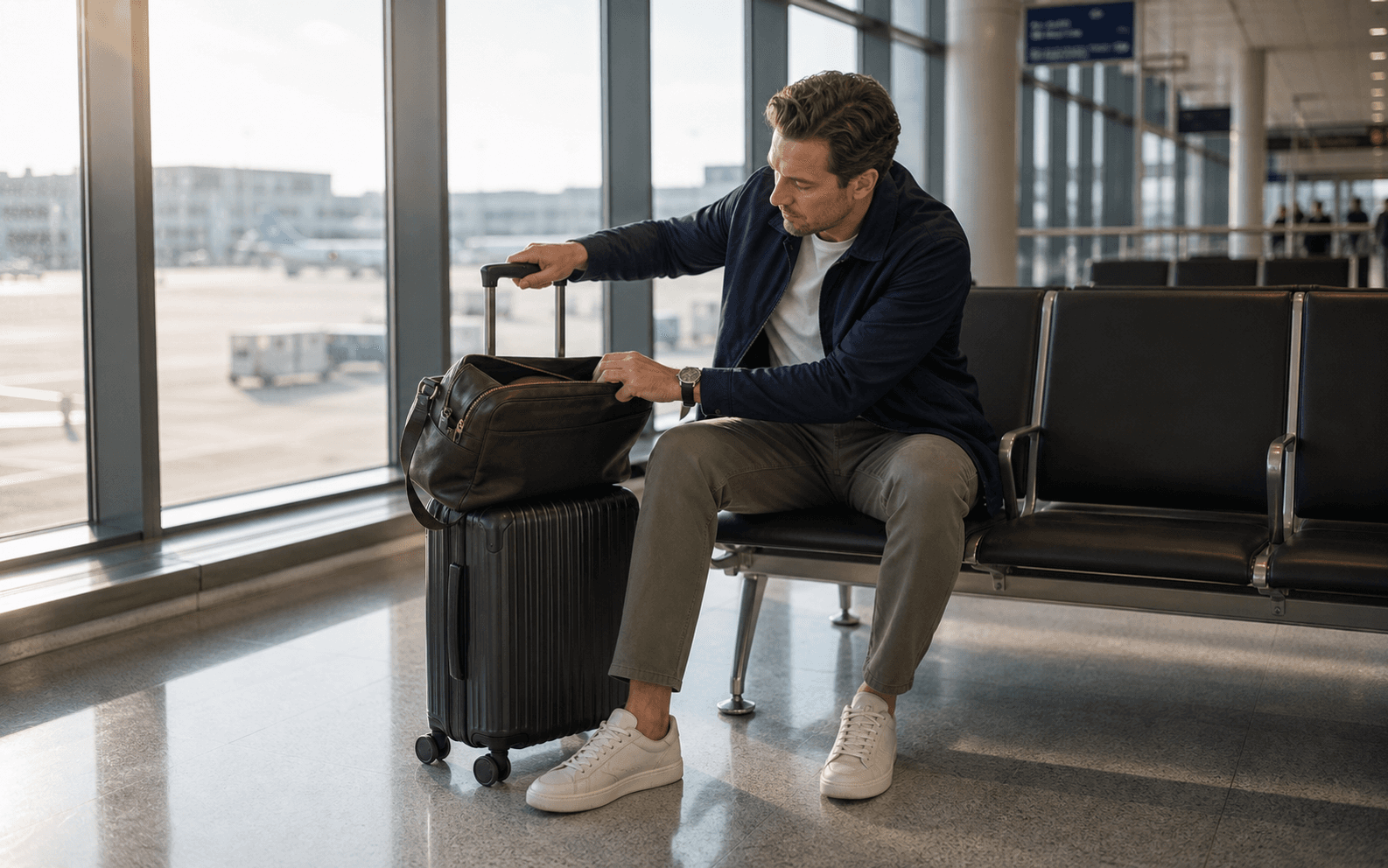 Airport day outfit with a dark tee, relaxed chinos, lightweight jacket, and walkable sneakers.
