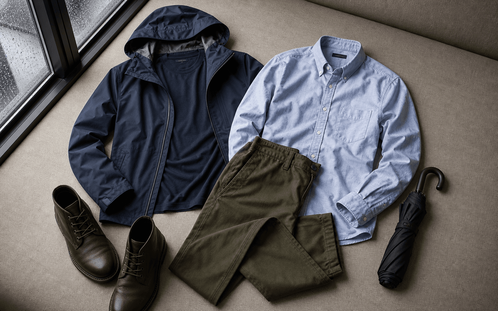 Bad-weather city outfit with a rain shell, chinos, dark top, leather boots, and umbrella.