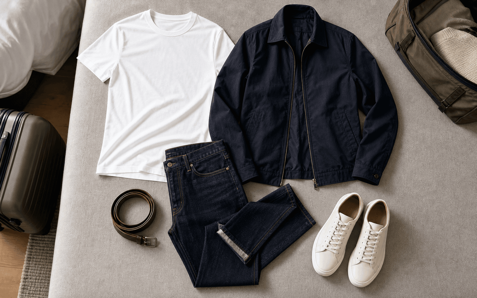Simple budget travel outfit with a plain tee, clean pants, light jacket, sneakers, and belt.