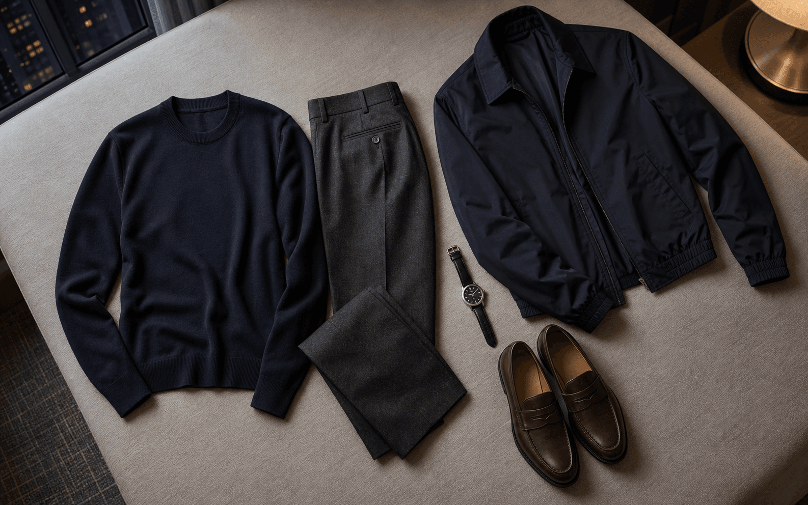 Dinner travel outfit with a dark knit, wool trousers, loafers, and lightweight jacket.
