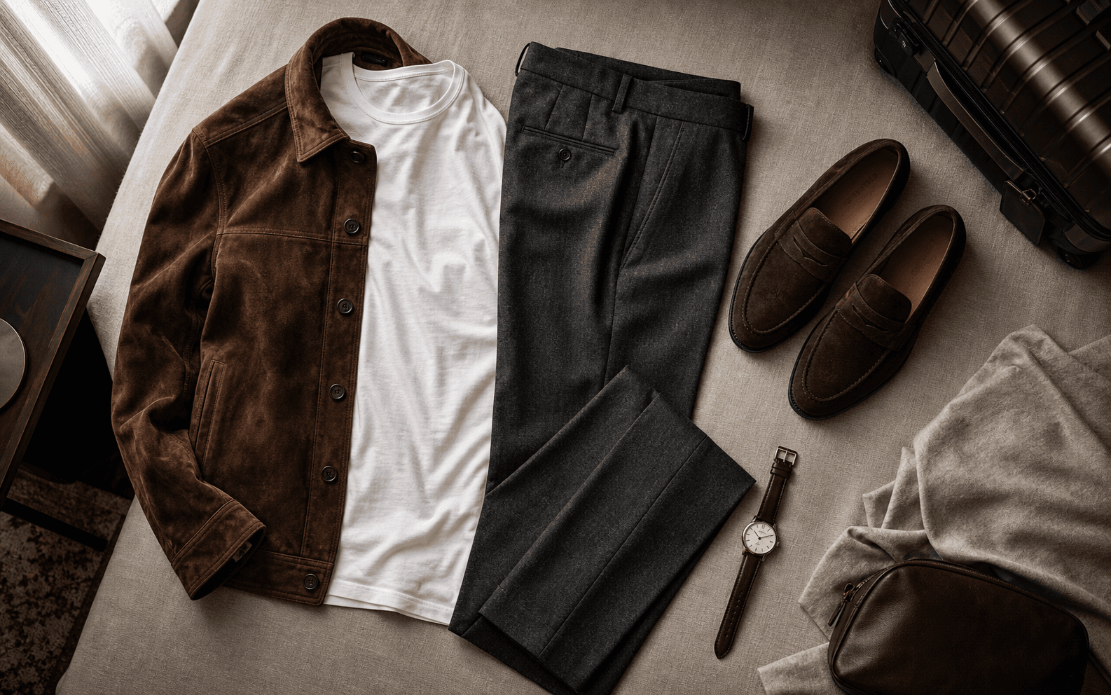 Elevated travel outfit with a white tee, wool trousers, suede jacket, loafers, and watch.