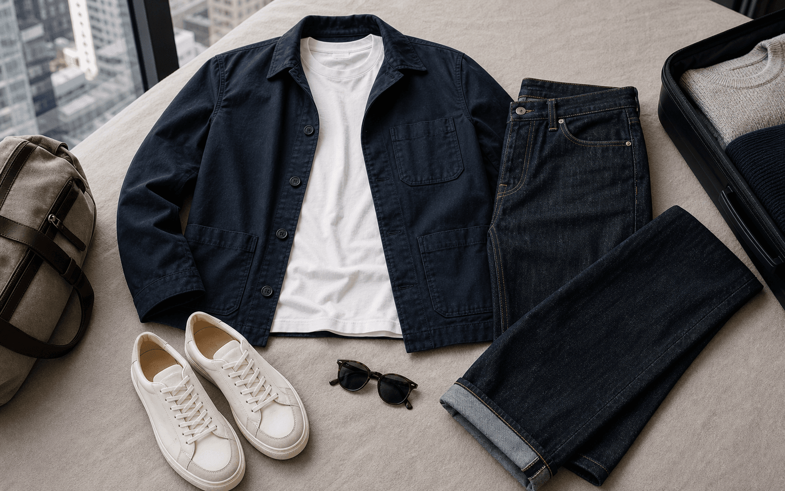 City travel outfit with a white tee, dark jeans, chore jacket, and clean sneakers.