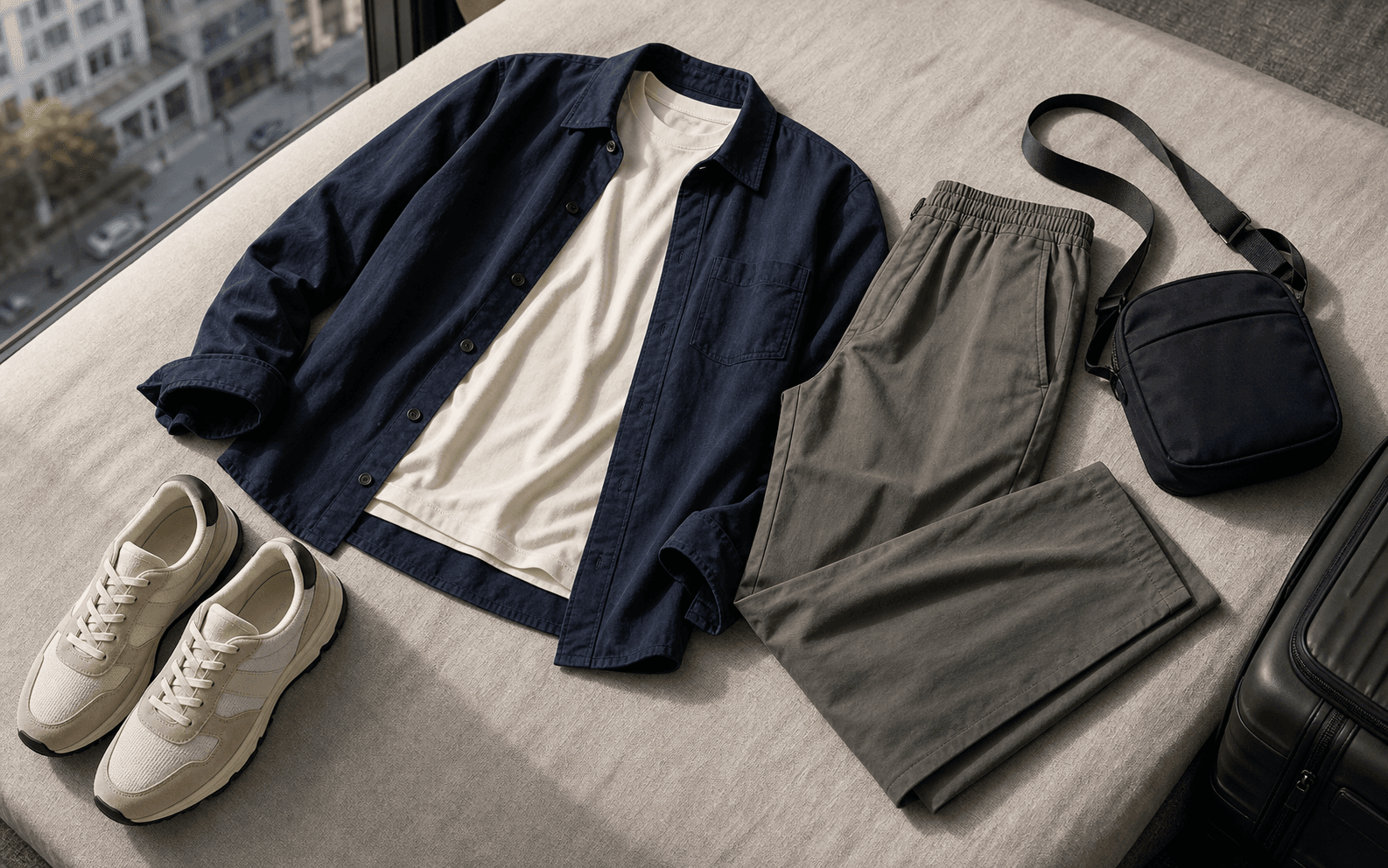 Long walking day outfit with a breathable tee, relaxed trousers, overshirt, retro runners, and compact bag.