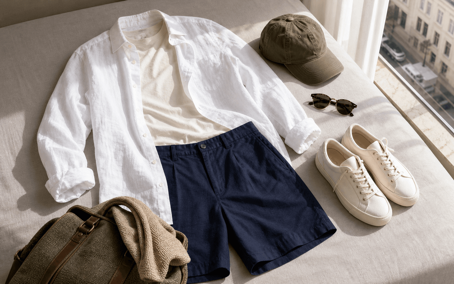 Warm-weather travel outfit with a linen shirt, tee, tailored shorts, sunglasses, and casual shoes.