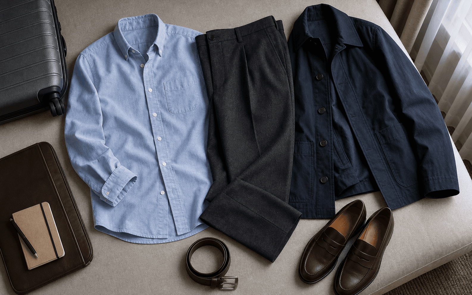 Work travel outfit with a blue oxford, wool trousers, loafers, and navy outerwear.