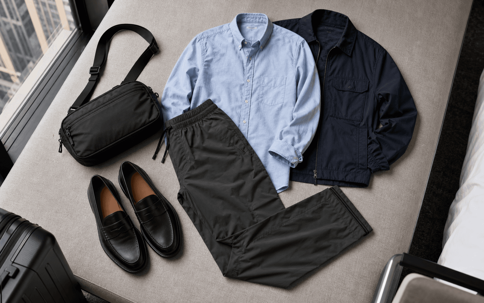 Modern travel outfit with an oxford shirt, nylon pants, loafers, cropped jacket, and technical bag.